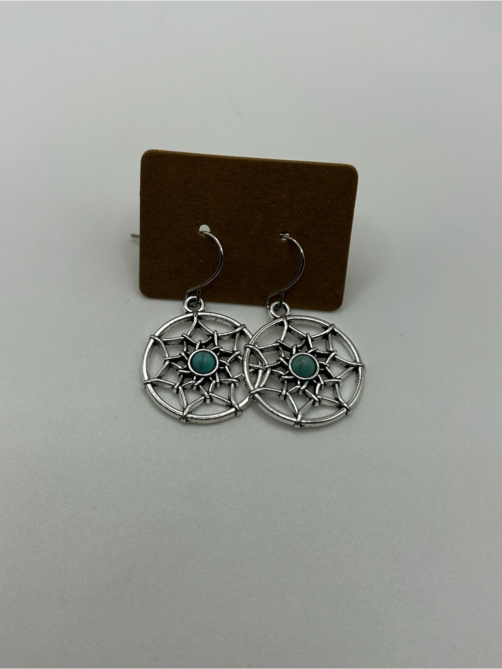 Silver Dreamcatcher Drop Earrings with Turquoise Accent